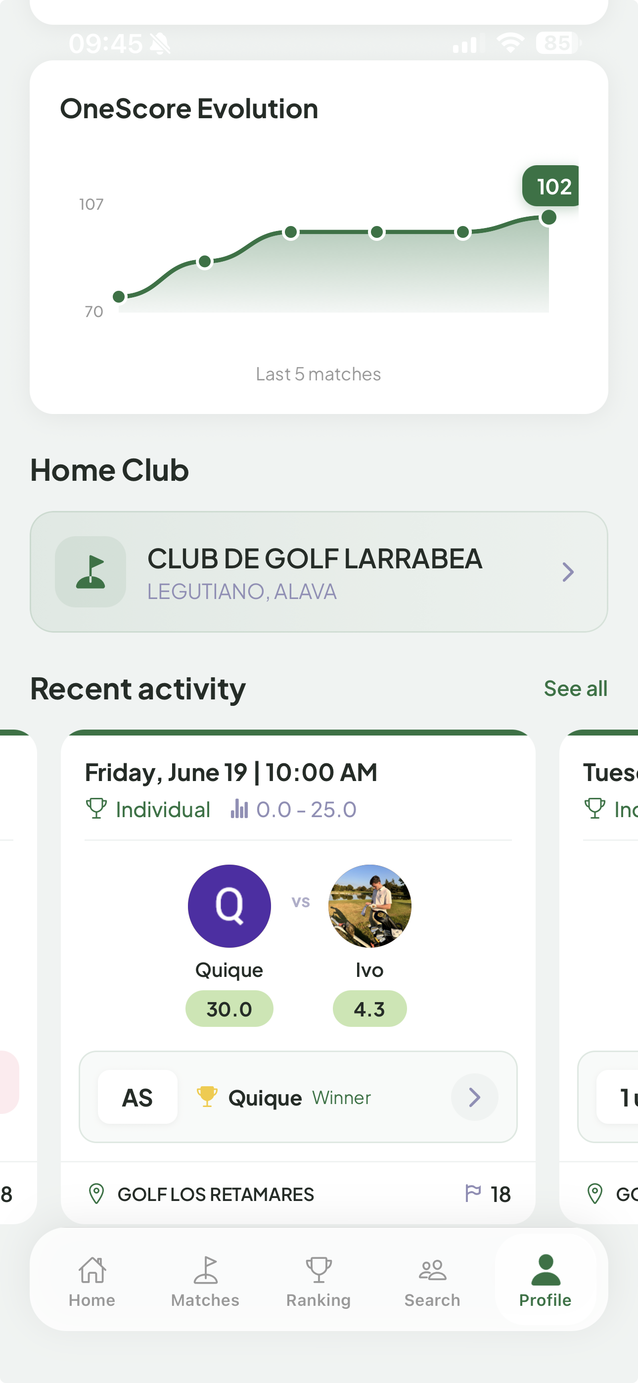 OneUp — Evolución OneScore y actividad reciente