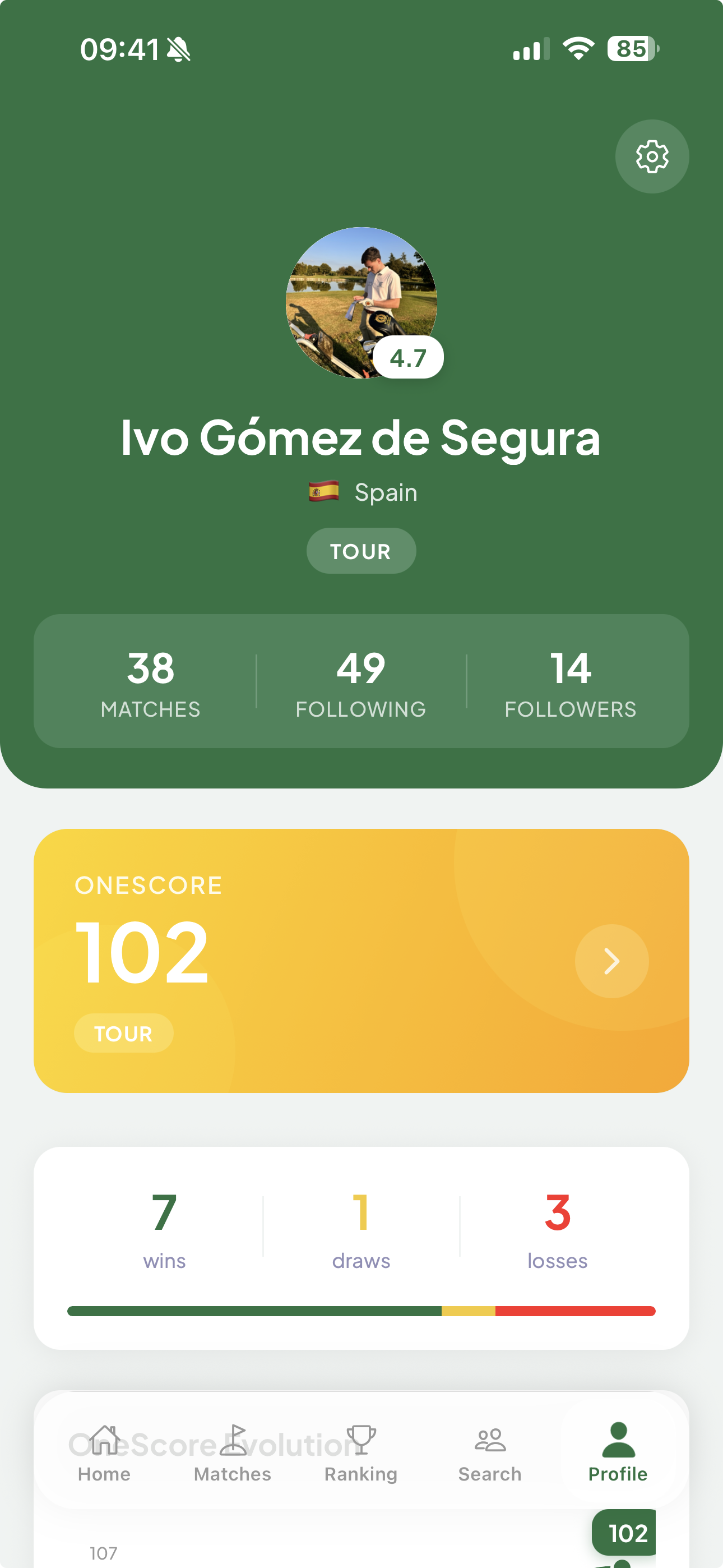 OneUp — Perfil de jugador con OneScore y estadísticas