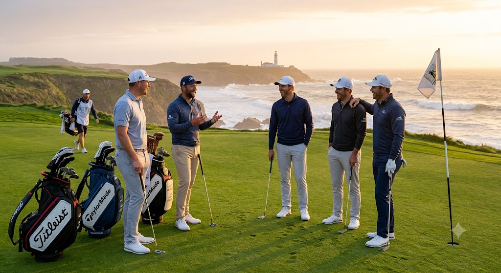 Grupo de jugadores de alto nivel reunidos en un campo de golf junto al mar al atardecer